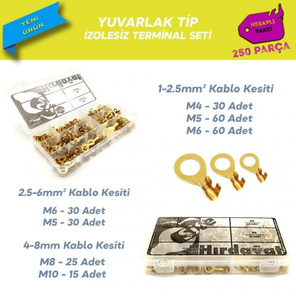 250 Parça İzolesiz Yuvarlak Tip Kablo Ucu Seti