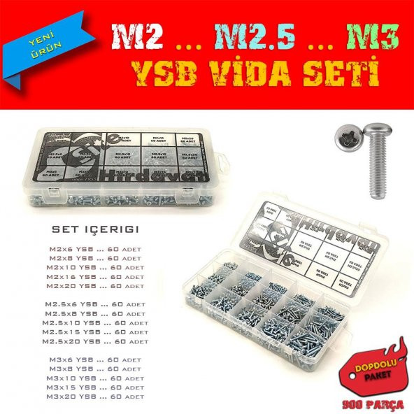 M2 M2.5 M3 YSB Vida Seti, 900 Parça, Dopdolu Paket
