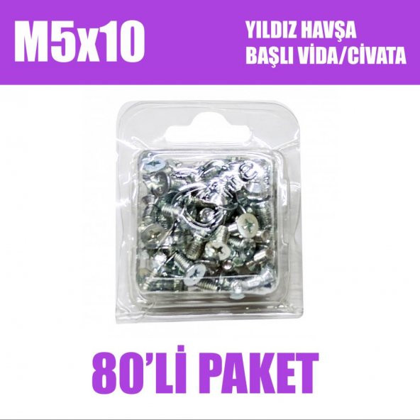 M5x10 Yıldız Havşa Başlı Vida/Civata 80 Adet