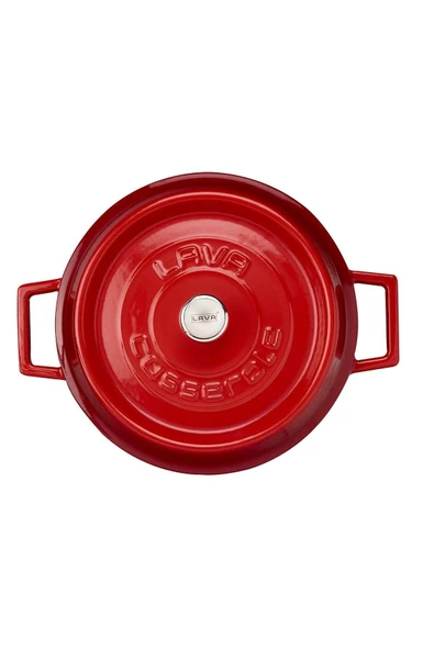 Lava Trendy Kapak Çok Amaçlı Döküm Demir Yayvan Tencere Kırmızı 24 Cm - Resim 4