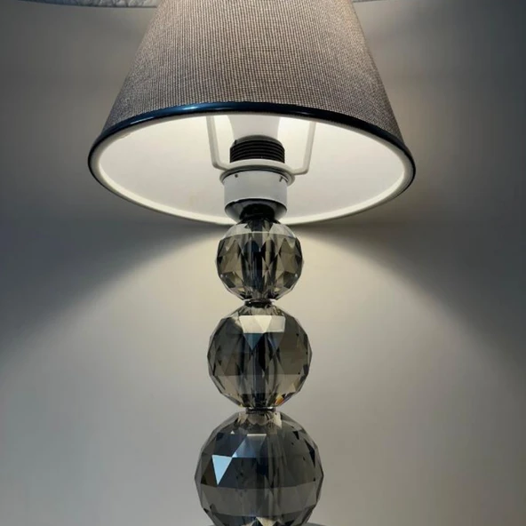 Mooncher Cam Gövdeli Krom Metal Abajur Gümüş Şeritli Gri Kumaş Başlık Gece Lambası - Resim 2