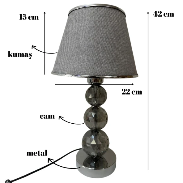 Mooncher Cam Gövdeli Krom Metal Abajur Gümüş Şeritli Gri Kumaş Başlık Gece Lambası - Resim 5