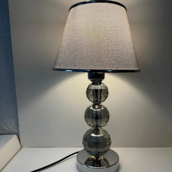 Mooncher Cam Gövdeli Krom Metal Abajur Gümüş Şeritli Gri Kumaş Başlık Gece Lambası - Resim 3