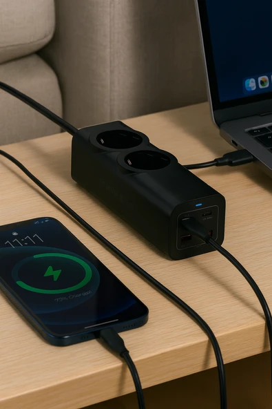 2 Priz + 4 USB Çıkışlı Akım Korumalı Çoklu Priz  2200W Güç, Hızlı Şarj Destekli, Kompakt Tasarım - 6