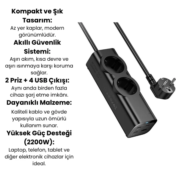 2 Priz + 4 USB Çıkışlı Akım Korumalı Çoklu Priz  2200W Güç, Hızlı Şarj Destekli, Kompakt Tasarım - 3