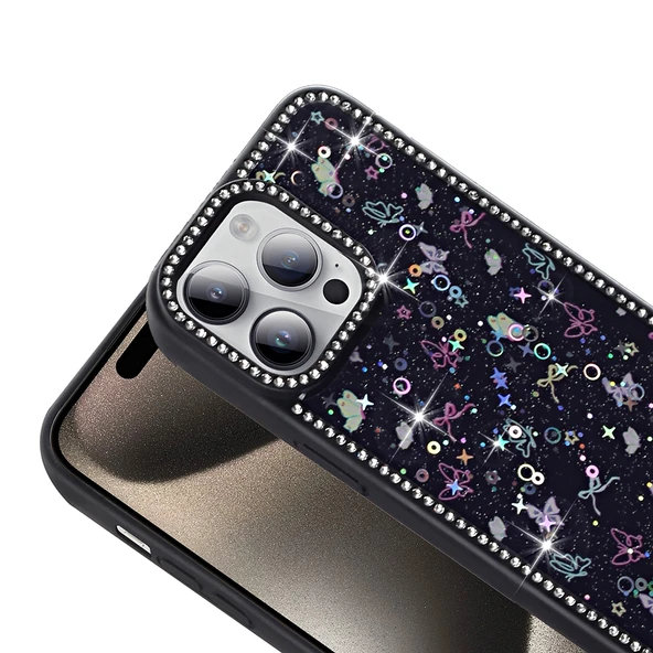 iPhone 15 Pro Max Kılıf Taşlı ve Sim Süsleme Tasarımlı Azra Premium Sert Silikon Kapak - 2