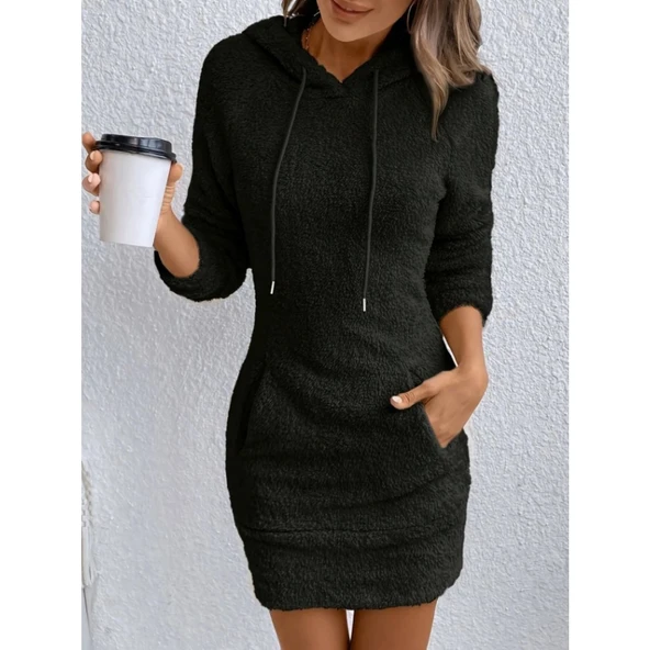 Lucky Life Kadın Uzun Kollu Kapşonlu Cepli Mini Peluş Elbise - 2