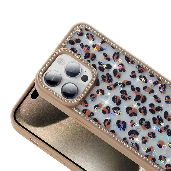 iPhone 15 Pro Max Kılıf Taşlı ve Sim Süsleme Tasarımlı Azra Premium Sert Silikon Kapak - 4