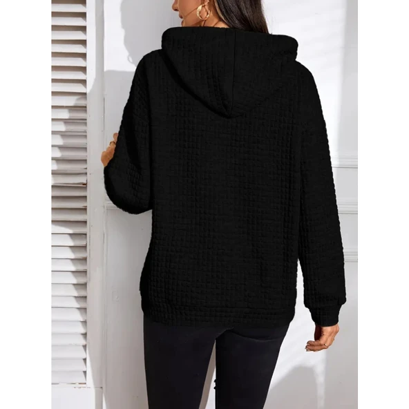 Lucky Life Kadın Uzun Kollu Kapşonlu Bağcıklı Cepli Capitone Sweatshirt - 3