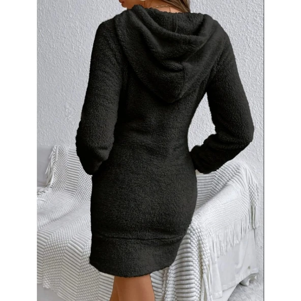 Lucky Life Kadın Uzun Kollu Kapşonlu Cepli Mini Peluş Elbise - 4