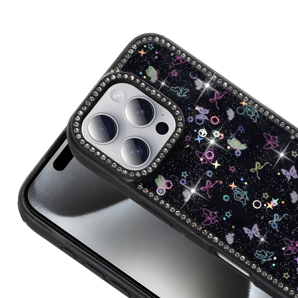 iPhone 15 Pro Max Kılıf Taşlı ve Sim Süsleme Tasarımlı Azra Premium Sert Silikon Kapak - 5