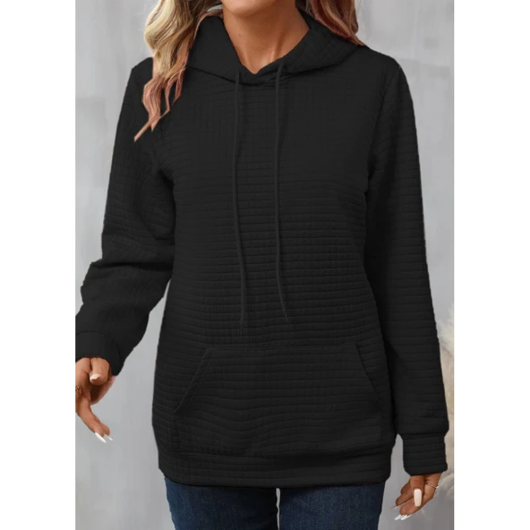 Lucky Life Kadın Uzun Kollu Kapşonlu Bağcıklı Cepli Capitone Sweatshirt - 5