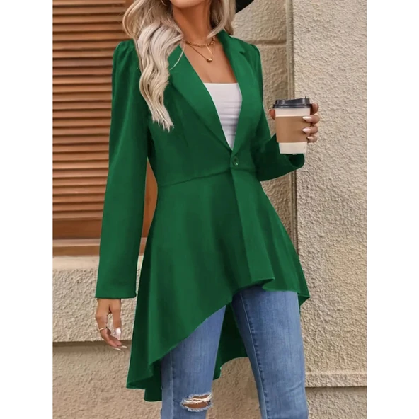 Lucky Life Kadın Uzun Kollu Yakalı önden Düğmeli Uzun Atlas Blazer Ceket - 3