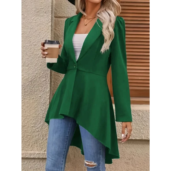 Lucky Life Kadın Uzun Kollu Yakalı önden Düğmeli Uzun Atlas Blazer Ceket - 2