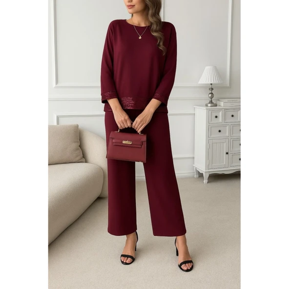 Lucky Life Kadın Uzun Kollu Bisiklet Yaka Pulpayetli Viskon Iki Iplik Bluz Ve Pantolon Ikili Takım - 3