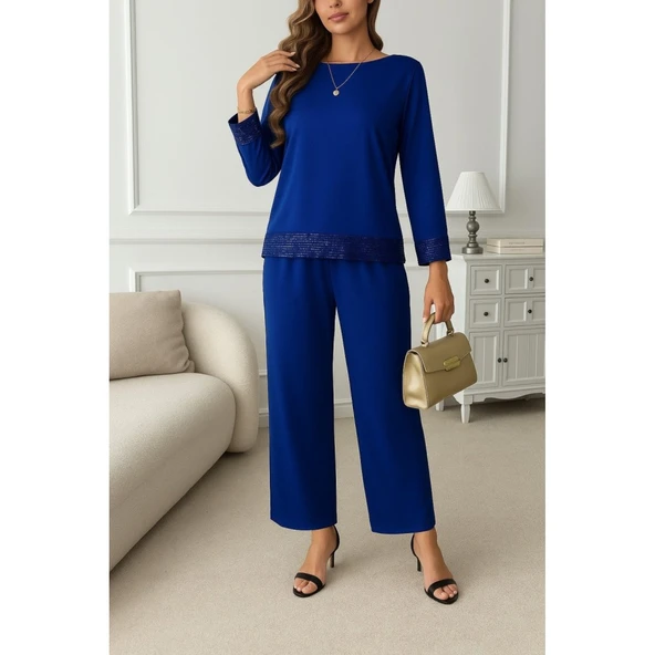 Lucky Life Kadın Uzun Kollu Bisiklet Yaka Pulpayetli Viskon Iki Iplik Bluz Ve Pantolon Ikili Takım - 2