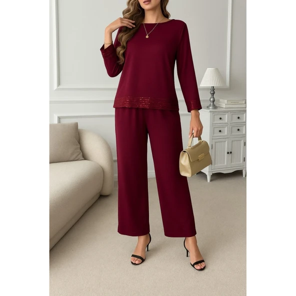 Lucky Life Kadın Uzun Kollu Bisiklet Yaka Pulpayetli Viskon Iki Iplik Bluz Ve Pantolon Ikili Takım - 2