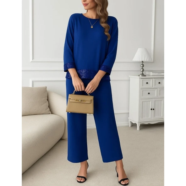 Lucky Life Kadın Uzun Kollu Bisiklet Yaka Pulpayetli Viskon Iki Iplik Bluz Ve Pantolon Ikili Takım - 3