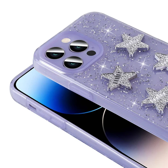 iPhone 14 Pro Max Kılıf Figür ve Simli Köşe Korumalı Zelira Premium Silikon Kapak - Resim 3