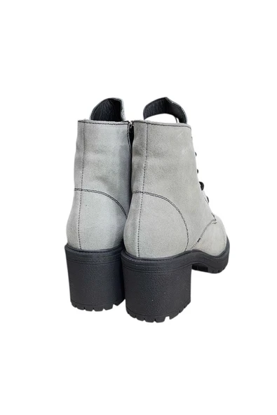 Gri Hakiki Süet  Bağcık Detay  Yandan Fermuarlı Kalın Topuk Bot - Resim 3