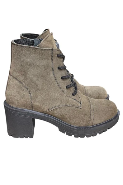 Haki Hakiki Süet  Bağcık Detay  Yandan Fermuarlı Kalın Topuk Bot ürün görseli 1