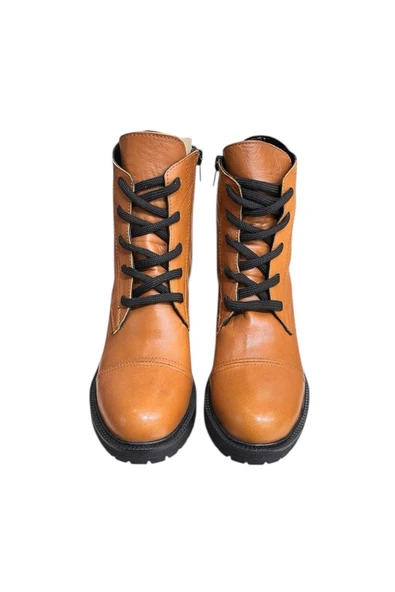 Taba Hakiki Deri  Bağcık Detay  Yandan Fermuarlı Kalın Topuk Bot - Resim 2