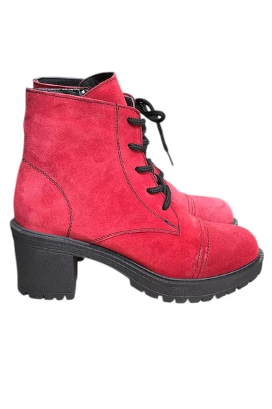 Kırmızı Hakiki Süet  Bağcık Detay  Yandan Fermuarlı Kalın Topuk Bot ürün görseli 1