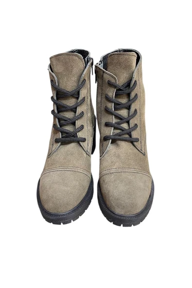 Haki Hakiki Süet  Bağcık Detay  Yandan Fermuarlı Kalın Topuk Bot - Resim 2