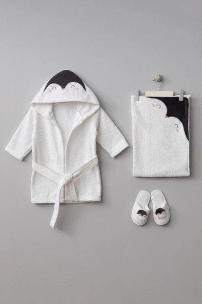 Bebitof %100 Pamuk Penguen Desenli Bebek Bornoz Seti BBTF.BYZ.30046 - 3