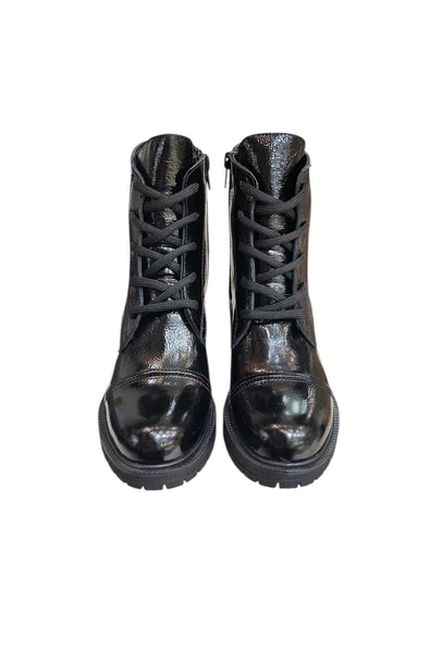 Siyah Hakiki Deri Rugan  Bağcık Detay  Yandan Fermuarlı Kalın Topuk Bot - Resim 2