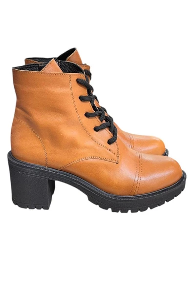Taba Hakiki Deri  Bağcık Detay  Yandan Fermuarlı Kalın Topuk Bot ürün görseli 1