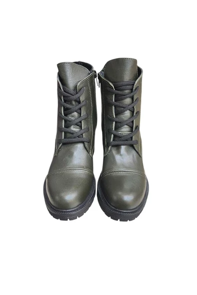 Yeşil Hakiki Deri  Bağcık Detay  Yandan Fermuarlı Kalın Topuk Bot - Resim 2