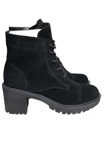 Siyah Hakiki Süet  Bağcık Detay  Yandan Fermuarlı Kalın Topuk Bot ürün görseli 1