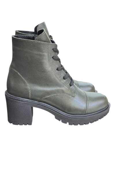 Yeşil Hakiki Deri  Bağcık Detay  Yandan Fermuarlı Kalın Topuk Bot ürün görseli 1