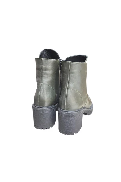 Yeşil Hakiki Deri  Bağcık Detay  Yandan Fermuarlı Kalın Topuk Bot - Resim 3