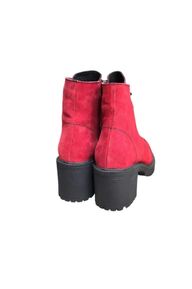 Kırmızı Hakiki Süet  Bağcık Detay  Yandan Fermuarlı Kalın Topuk Bot - Resim 3