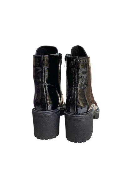 Siyah Hakiki Deri Rugan  Bağcık Detay  Yandan Fermuarlı Kalın Topuk Bot - Resim 3