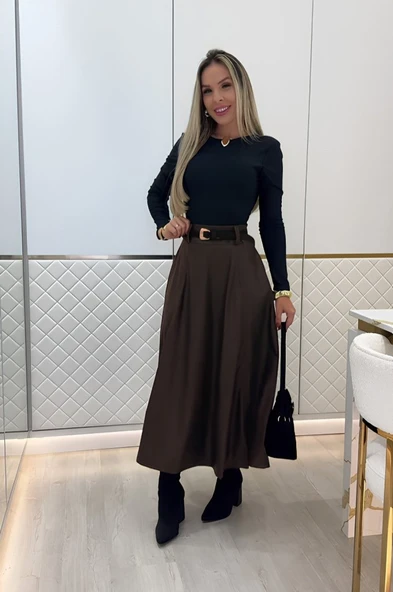 Lucky Life Kadın Yüksek Belli Maxi Deri Kemersiz Etek - Resim 3