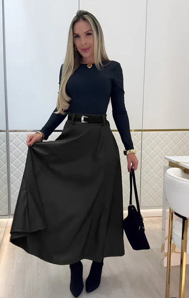 Lucky Life Kadın Yüksek Belli Maxi Deri Kemersiz Etek - Resim 4