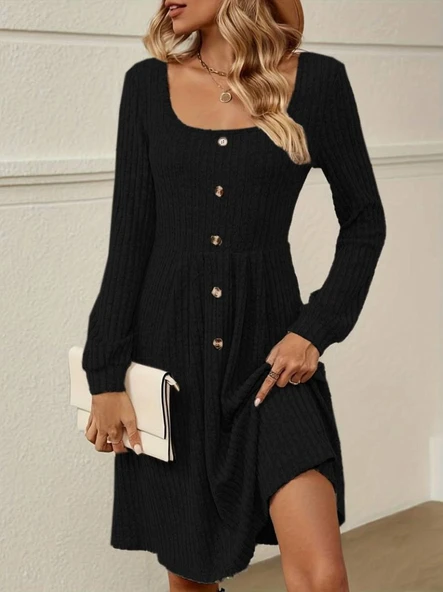 Lucky Life Kadın Uzun Kollu Kare Yaka Düğmeli Kısa şardonlu Iki Iplik Mini Elbise - Resim 2