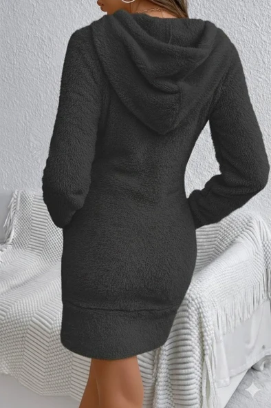 Lucky Life Kadın Uzun Kollu Kapşonlu Cepli Mini Peluş Elbise - Resim 3