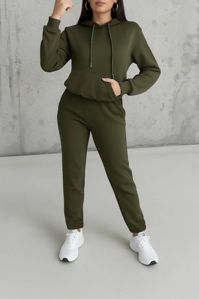 Lucky Life Kadın Uzun Kollu Kapşonlu Bağcıklı üç Iplik Bluz Ve Pantolon Ikili Takım - Resim 2