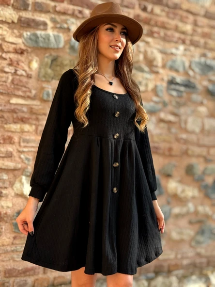 Lucky Life Kadın Uzun Kollu Kare Yaka Düğmeli Kısa şardonlu Iki Iplik Mini Elbise - Resim 4