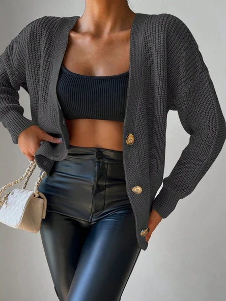 Lucky Life Kadın Uzun Kollu Düğme Detay Triko Bluz - Resim 6