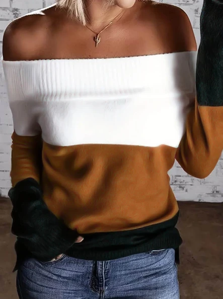 Lucky Life Kadın Uzun Kollu Omuzlardan Açık Uzun Kollu Blok çizgili Triko Bluz - Resim 3