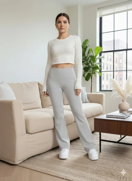 Lucky Life Kadın Yüksek Bel Ispanyol Paçalı Pantolon Tayt - Resim 9