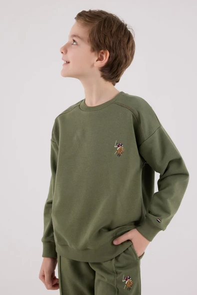 U.S. Polo Assn. Erkek Çocuk Haki Kalın 3 İplik Şardonlu Uzun Kollu Lastikli Paça Eşofman Takım - 4