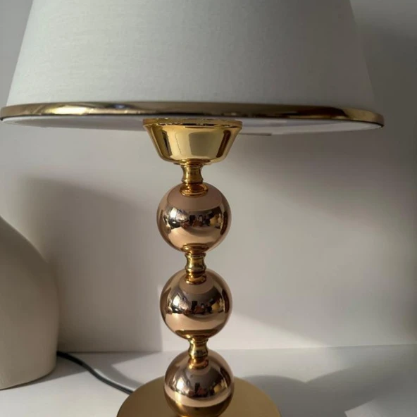 Elegance Gold Metal Ayaklı Şeritli Kumaş Başlık Abajur Dekoratif Gece Lambası - 2