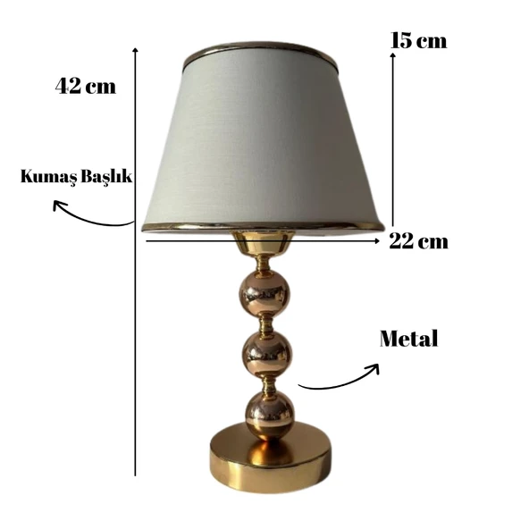 Elegance Gold Metal Ayaklı Şeritli Kumaş Başlık Abajur Dekoratif Gece Lambası - 4