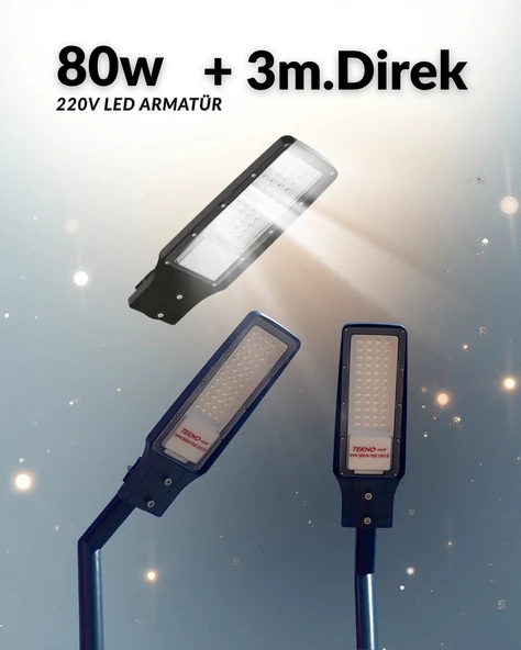 Aydınlatma Direği 80W Sokak Led Armatürü 220v + 3m. Montaja Hazır sokak Aydınlatma Lamba Direği